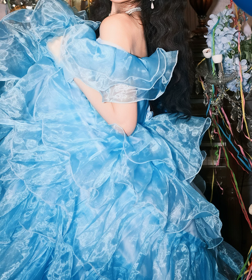 Vintage Off-Shoulder Homecoming Dress Blue Ruffles A-Line Birthday Dress C9938