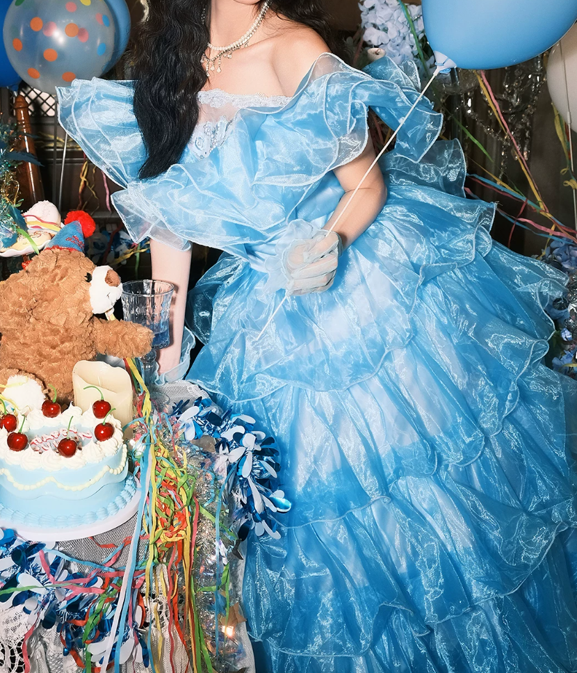 Vintage Off-Shoulder Homecoming Dress Blue Ruffles A-Line Birthday Dress C9938