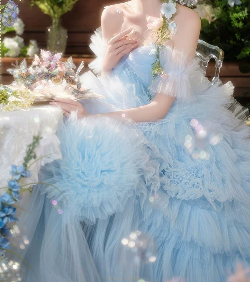 Ethereal Off-Shoulder Blue Homecoming Dress Tulle A-Line Birthday Dress C9940