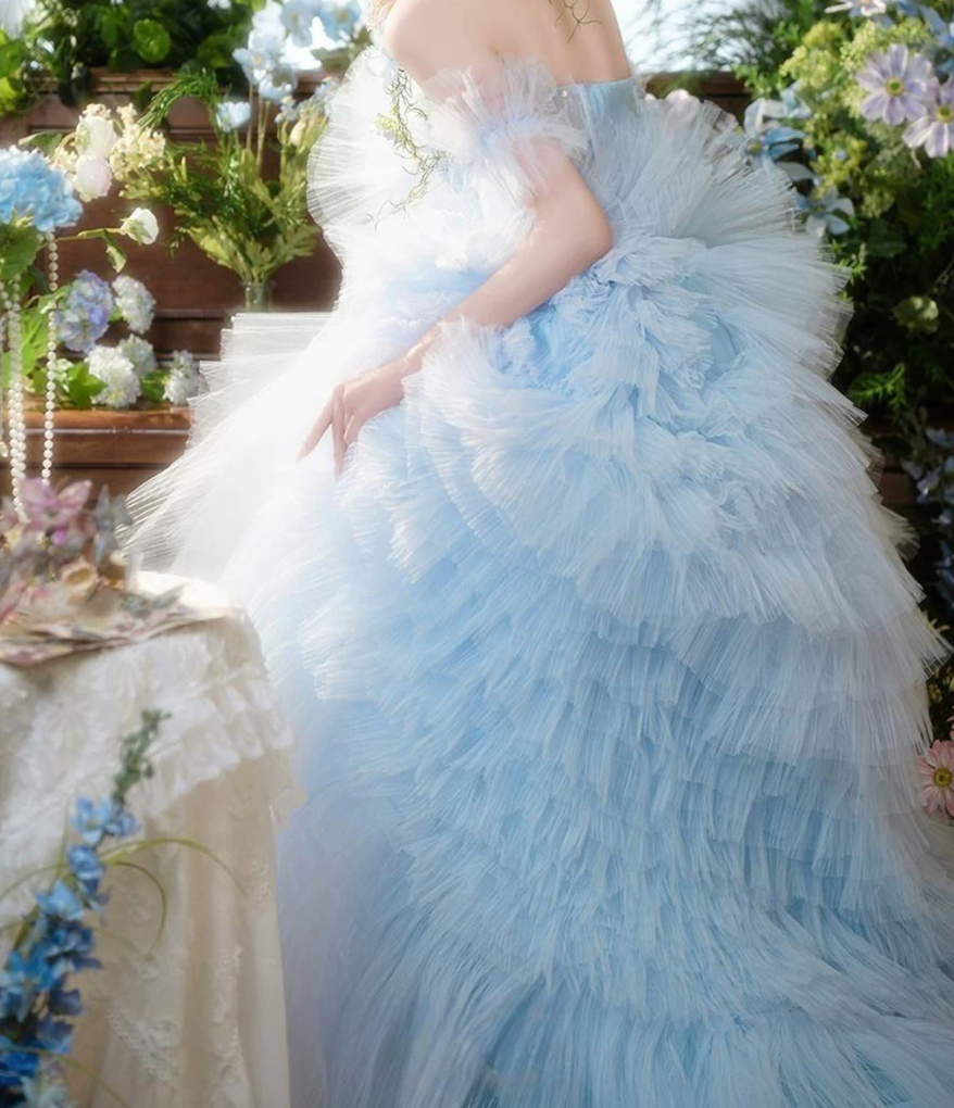 Ethereal Off-Shoulder Blue Homecoming Dress Tulle A-Line Birthday Dress C9940