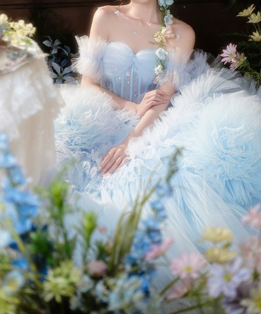 Ethereal Off-Shoulder Blue Homecoming Dress Tulle A-Line Birthday Dress C9940