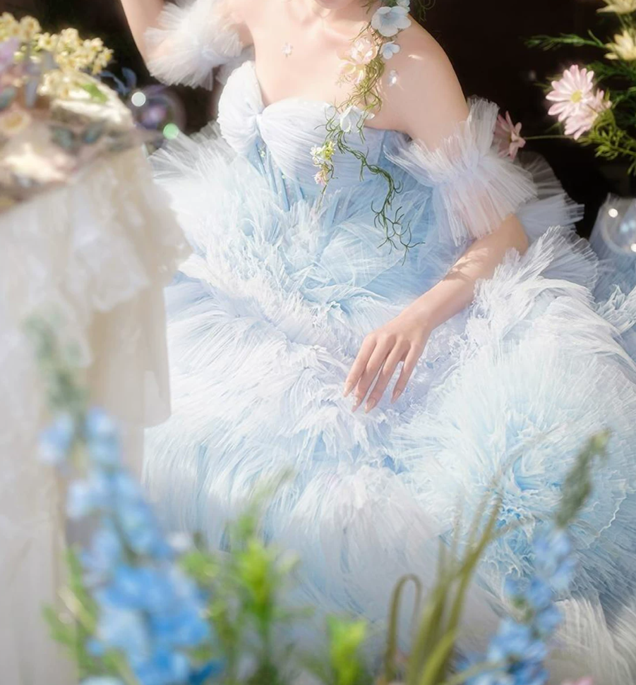 Ethereal Off-Shoulder Blue Homecoming Dress Tulle A-Line Birthday Dress C9940