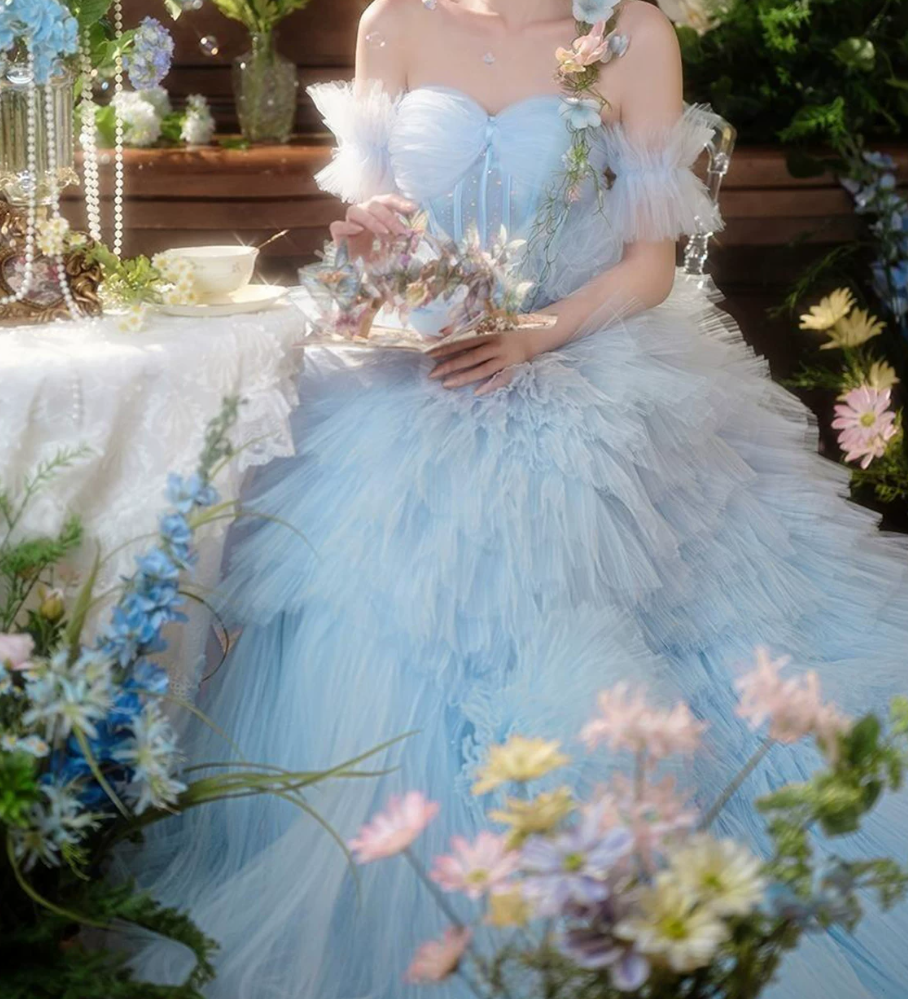 Ethereal Off-Shoulder Blue Homecoming Dress Tulle A-Line Birthday Dress C9940