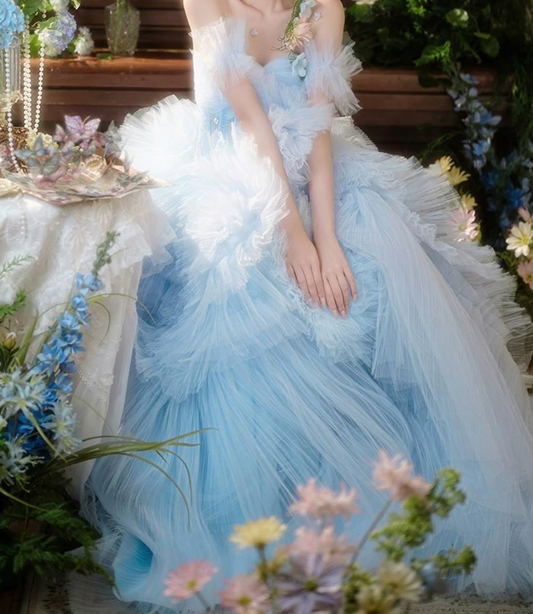 Ethereal Off-Shoulder Blue Homecoming Dress Tulle A-Line Birthday Dress C9940