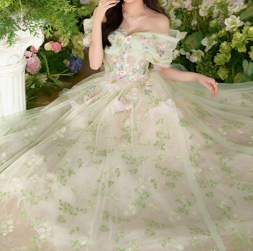 Ornate Off-Shoulder Green Homecoming Dress Appliques Tulle A-Line Birthday Dress C9943