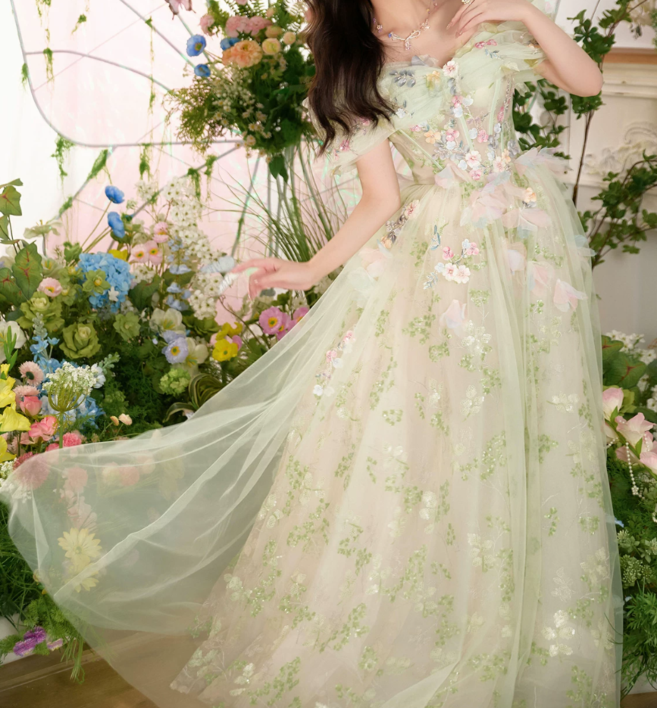 Ornate Off-Shoulder Green Homecoming Dress Appliques Tulle A-Line Birthday Dress C9943