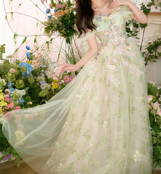 Ornate Off-Shoulder Green Homecoming Dress Appliques Tulle A-Line Birthday Dress C9943