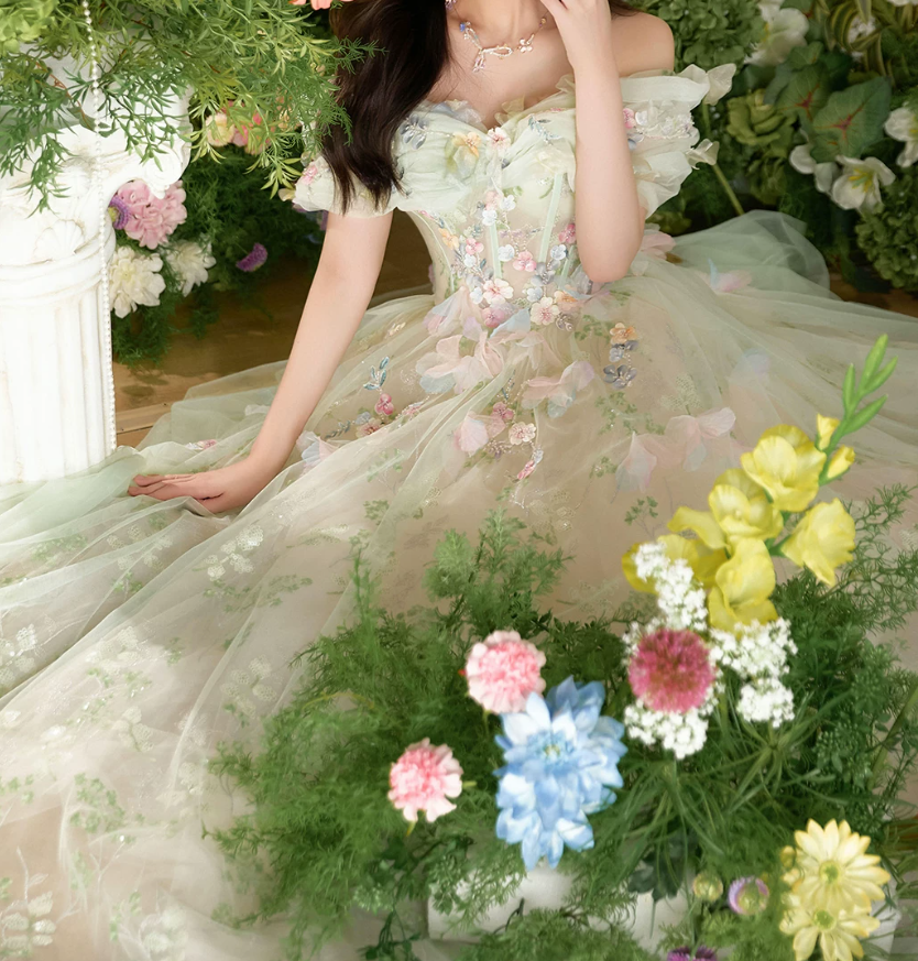 Ornate Off-Shoulder Green Homecoming Dress Appliques Tulle A-Line Birthday Dress C9943