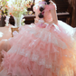 Graceful Off-Shoulder Prom Dress Pink Appliques Lace A-Line Evening Dress C9946