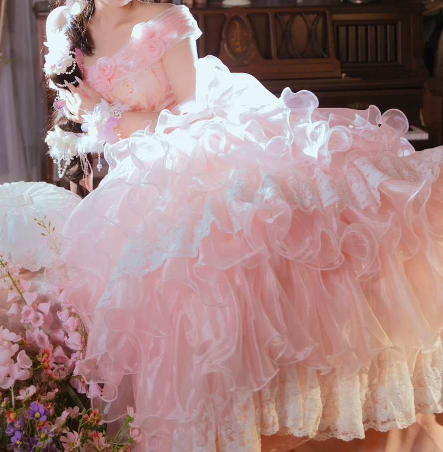 Graceful Off-Shoulder Prom Dress Pink Appliques Lace A-Line Evening Dress C9946
