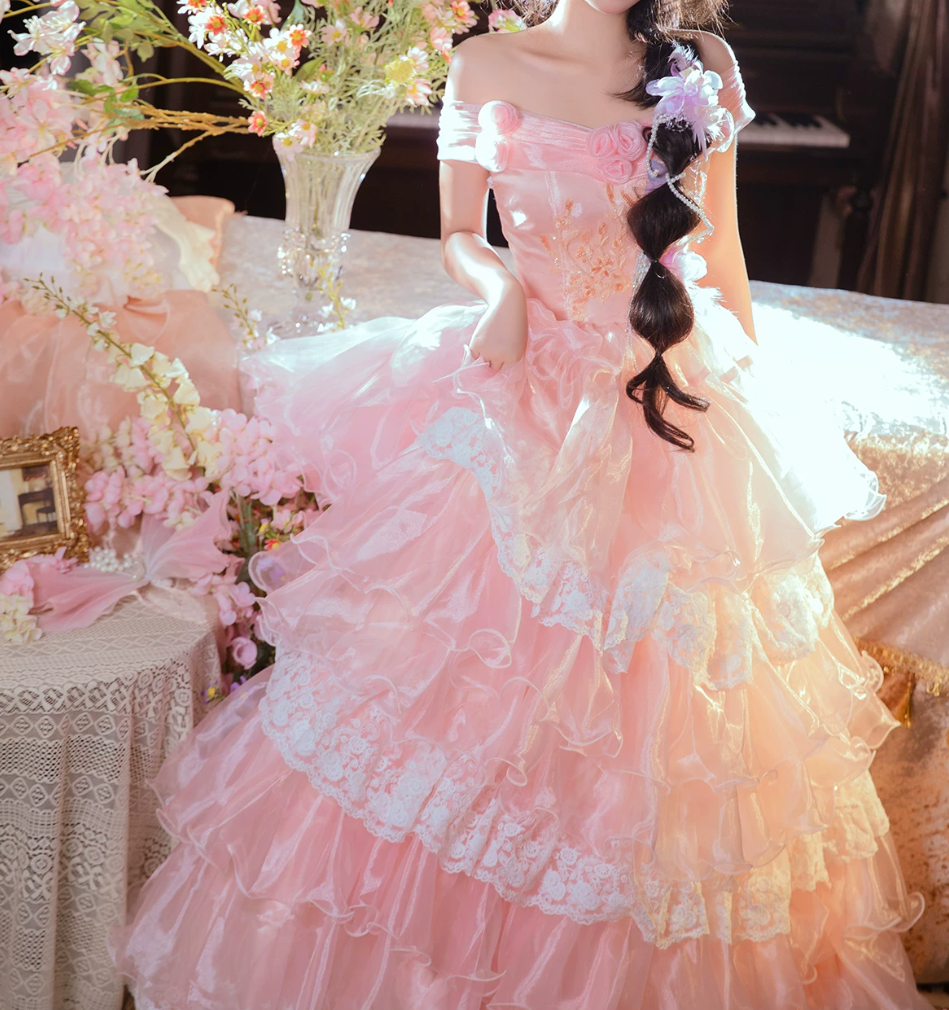Graceful Off-Shoulder Prom Dress Pink Appliques Lace A-Line Evening Dress C9946