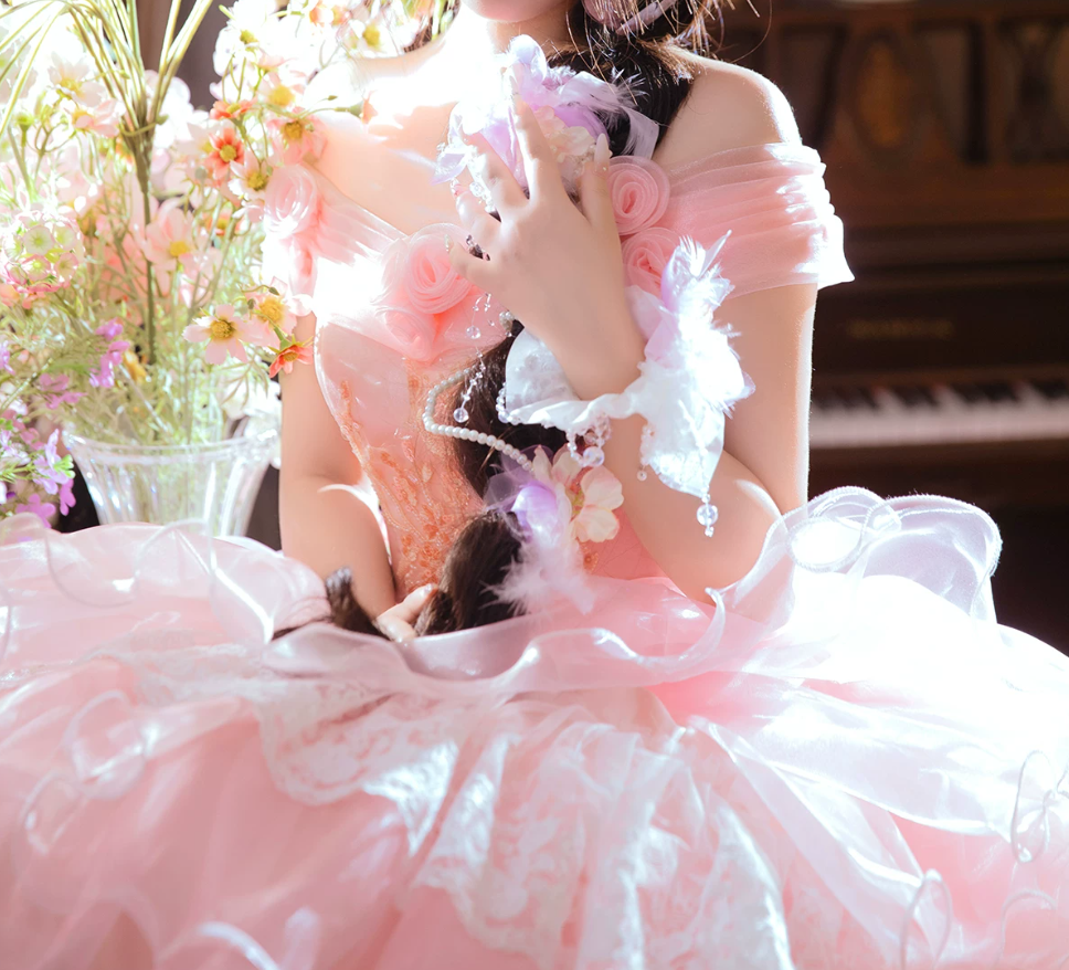 Graceful Off-Shoulder Prom Dress Pink Appliques Lace A-Line Evening Dress C9946