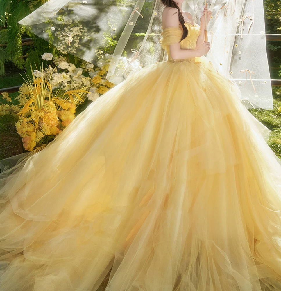 Cute Off-Shoulder Prom Dress Yellow Lace Tulle A-Line Evening Dress C9952