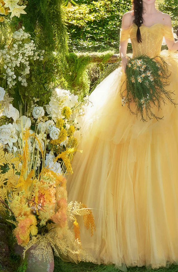 Cute Off-Shoulder Prom Dress Yellow Lace Tulle A-Line Evening Dress C9952