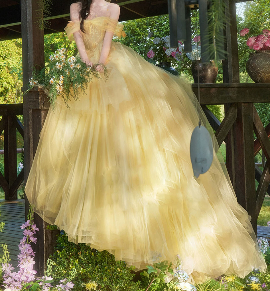 Cute Off-Shoulder Prom Dress Yellow Lace Tulle A-Line Evening Dress C9952