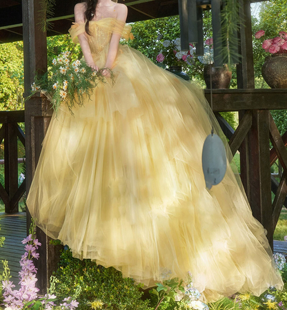 Cute Off-Shoulder Prom Dress Yellow Lace Tulle A-Line Evening Dress C9952