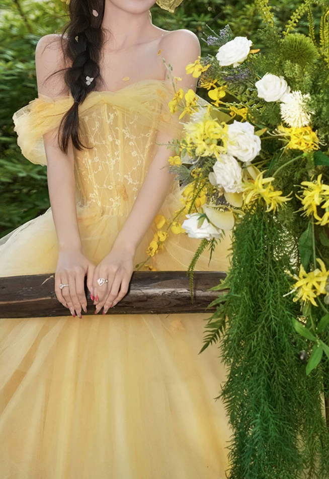 Cute Off-Shoulder Prom Dress Yellow Lace Tulle A-Line Evening Dress C9952