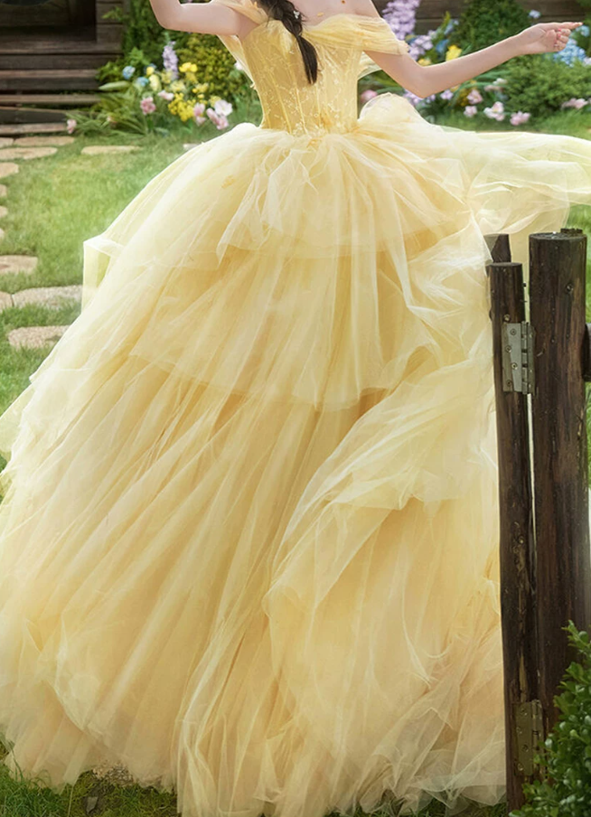 Cute Off-Shoulder Prom Dress Yellow Lace Tulle A-Line Evening Dress C9952