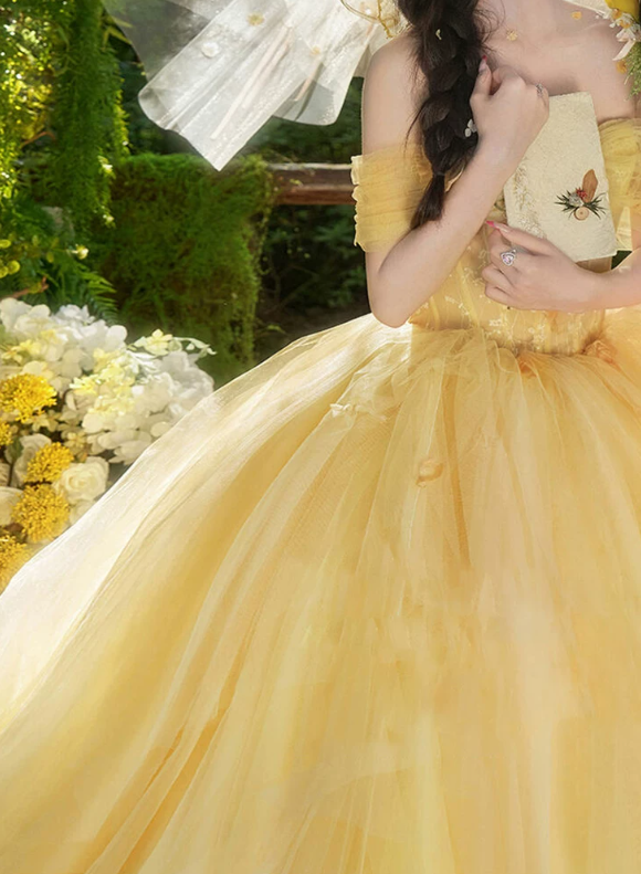 Cute Off-Shoulder Prom Dress Yellow Lace Tulle A-Line Evening Dress C9952