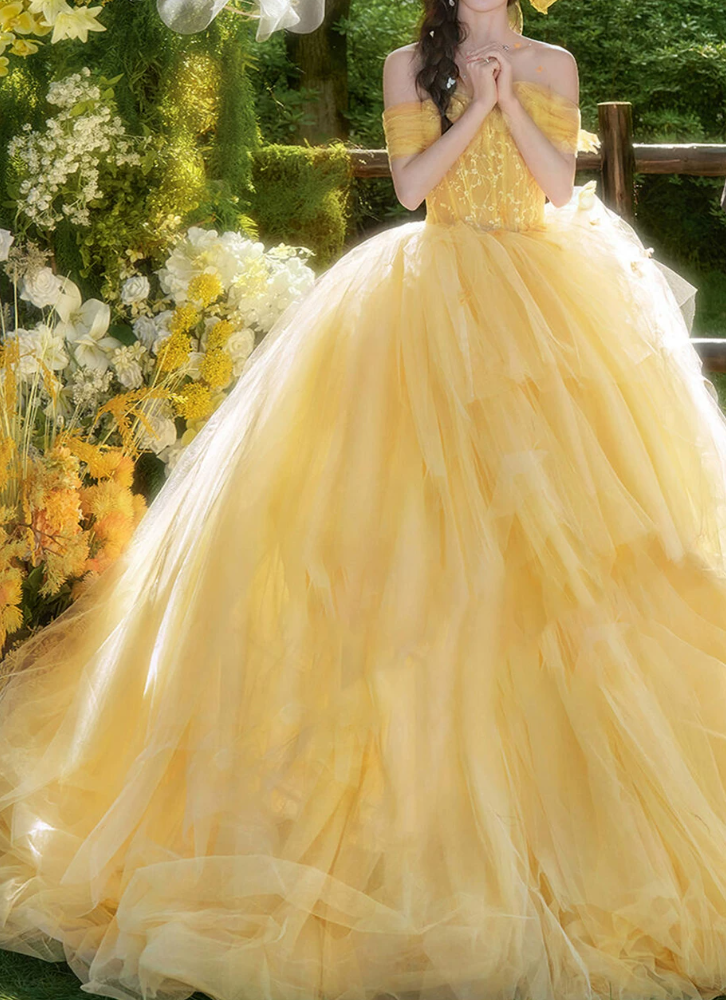 Cute Off-Shoulder Prom Dress Yellow Lace Tulle A-Line Evening Dress C9952