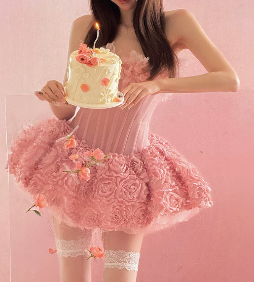 Sweet Strapless Homecoming Dress Pink Floral A-Line Birthday Dress C9953