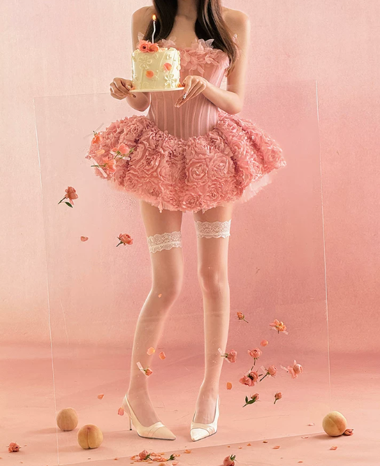 Sweet Strapless Homecoming Dress Pink Floral A-Line Birthday Dress C9953