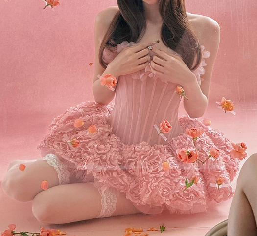 Sweet Strapless Homecoming Dress Pink Floral A-Line Birthday Dress C9953