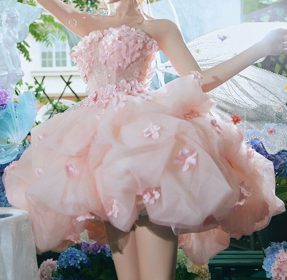 Adorable Strapless Sequins Homecoming Dress Pink Appliques A-Line Birthday Dress C9954
