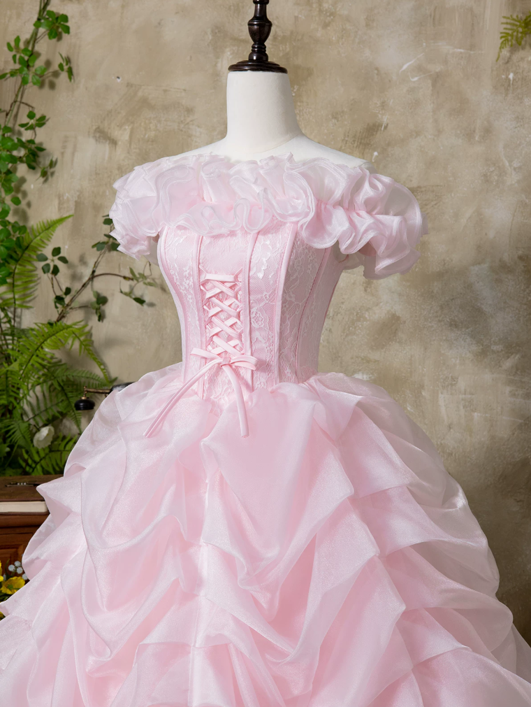 Classical Off-Shoulder Prom Dress Pink Ruffles A-Line Evening Dress C9955