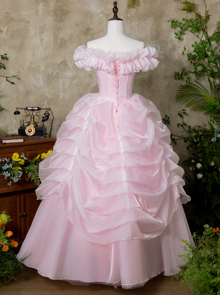 Classical Off-Shoulder Prom Dress Pink Ruffles A-Line Evening Dress C9955