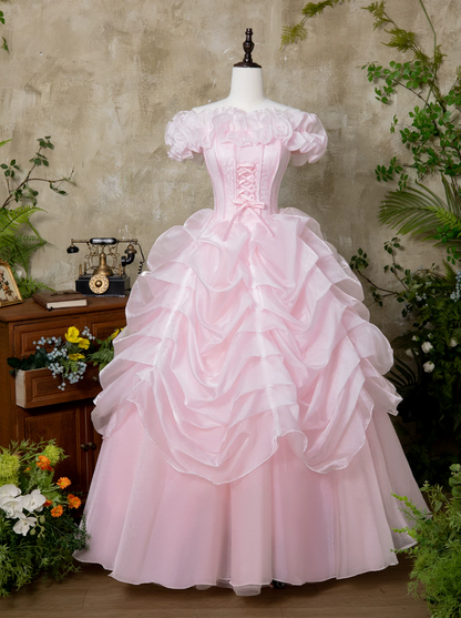 Classical Off-Shoulder Prom Dress Pink Ruffles A-Line Evening Dress C9955