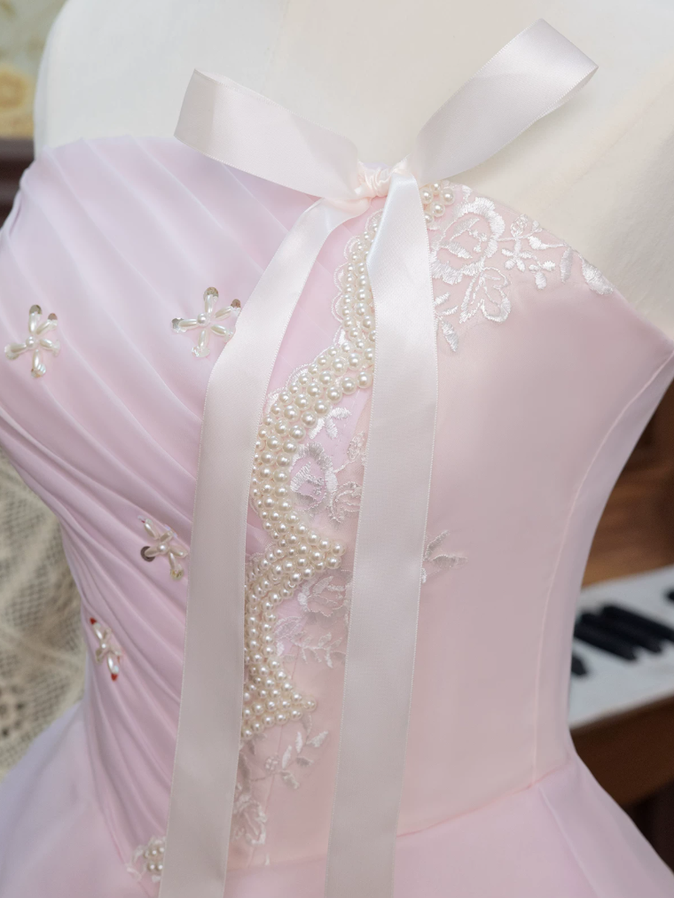Chic Strapless Bows Pink Prom Dress Ruffles Beads A-Line Evening Dress C9956