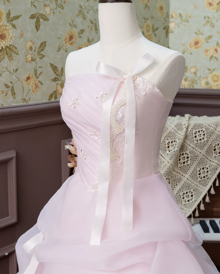 Chic Strapless Bows Pink Prom Dress Ruffles Beads A-Line Evening Dress C9956