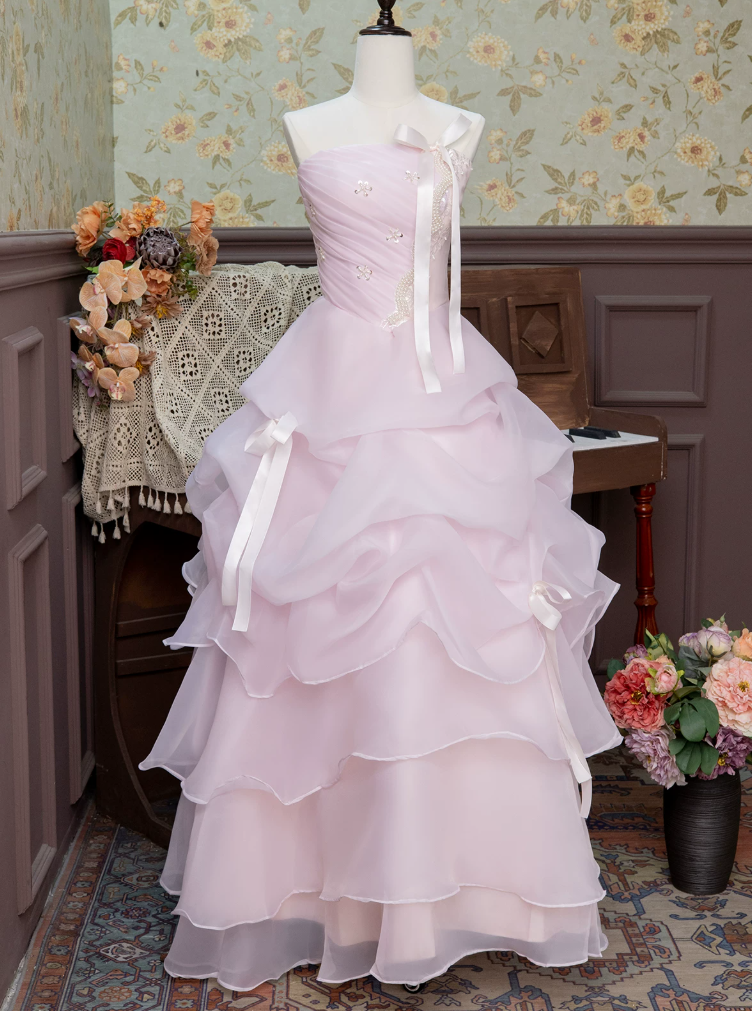Chic Strapless Bows Pink Prom Dress Ruffles Beads A-Line Evening Dress C9956