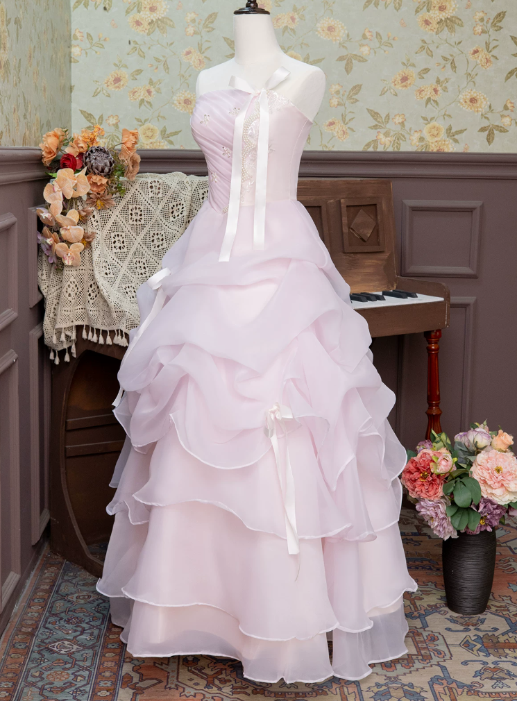 Chic Strapless Bows Pink Prom Dress Ruffles Beads A-Line Evening Dress C9956