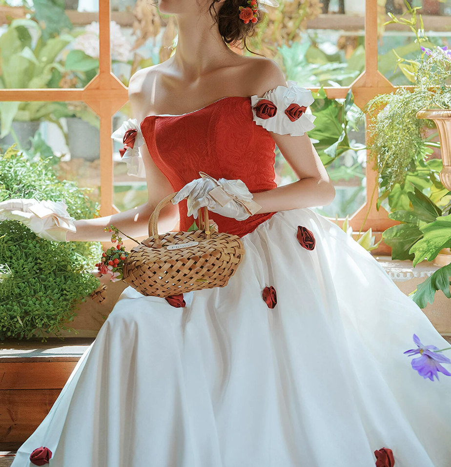 Unique Off-Shoulder Red Prom Dress Satin Floral A-Line Evening Dress C9957