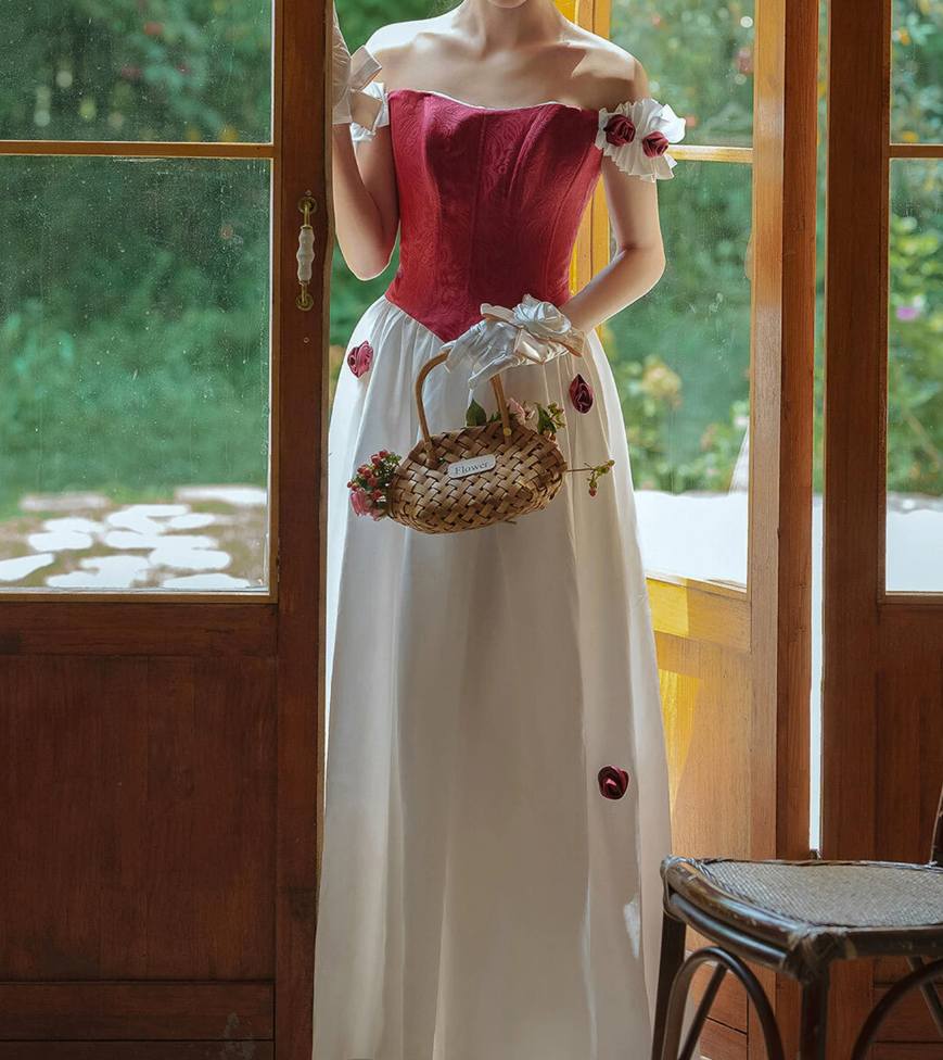 Unique Off-Shoulder Red Prom Dress Satin Floral A-Line Evening Dress C9957