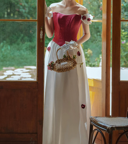 Unique Off-Shoulder Red Prom Dress Satin Floral A-Line Evening Dress C9957