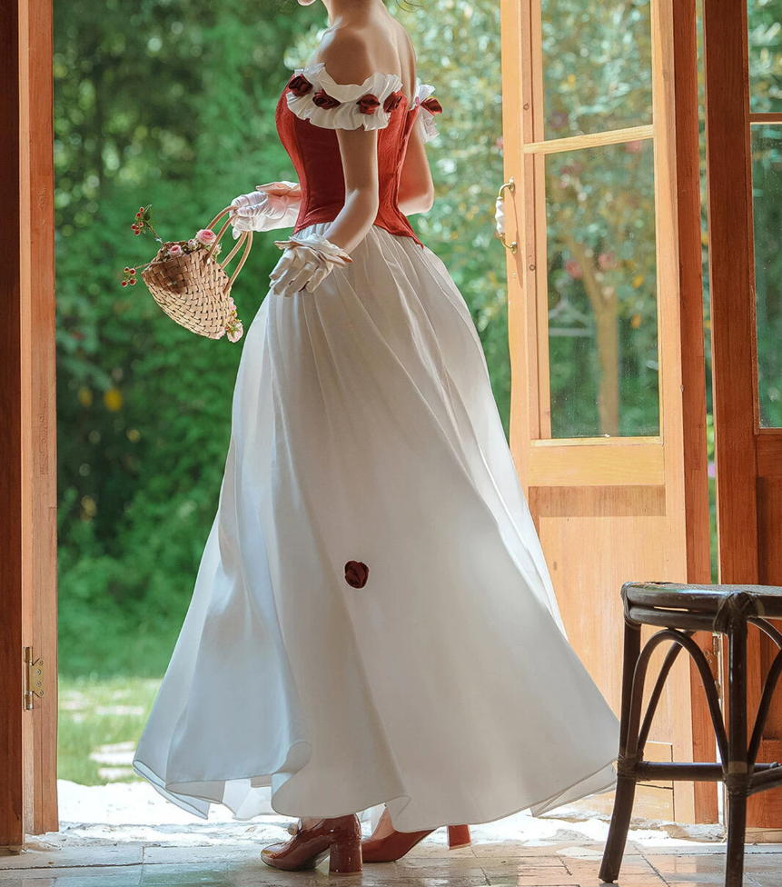 Unique Off-Shoulder Red Prom Dress Satin Floral A-Line Evening Dress C9957