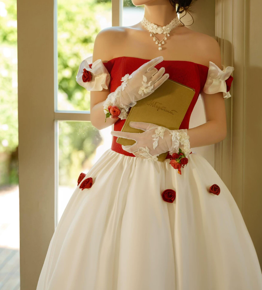 Unique Off-Shoulder Red Prom Dress Satin Floral A-Line Evening Dress C9957