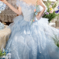 Fascinating Off-Shoulder Blue Prom Dress Sequins Ruffles A-Line Evening Dress C9958
