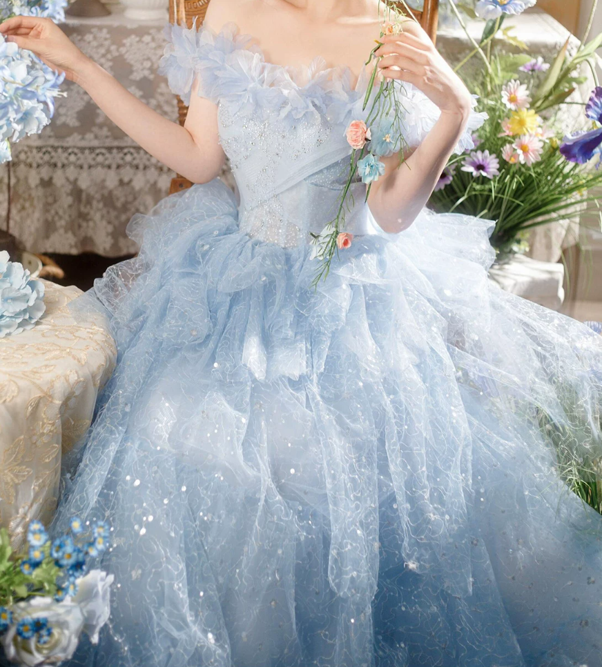 Fascinating Off-Shoulder Blue Prom Dress Sequins Ruffles A-Line Evening Dress C9958