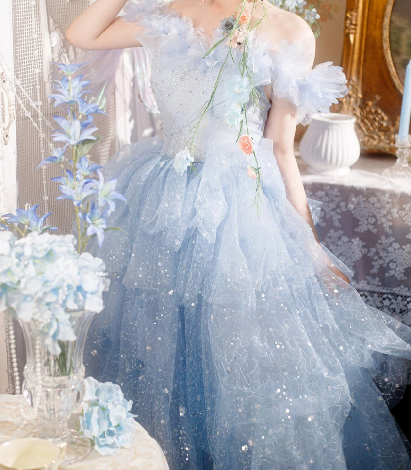 Fascinating Off-Shoulder Blue Prom Dress Sequins Ruffles A-Line Evening Dress C9958