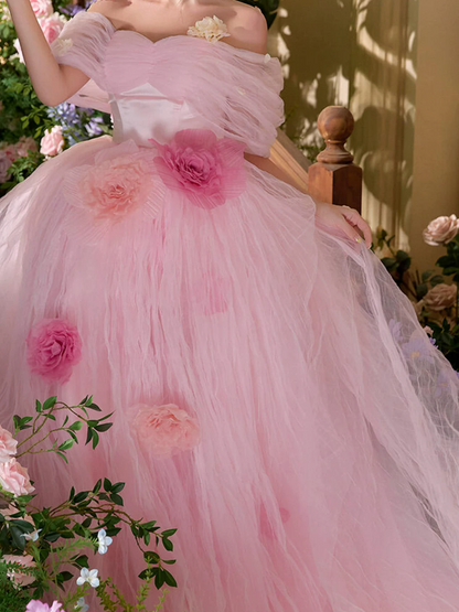 Glam Off-Shoulder Pink Prom Dress Handmade Flowers Tulle A-Line Evening Dress C9959