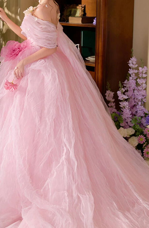 Glam Off-Shoulder Pink Prom Dress Handmade Flowers Tulle A-Line Evening Dress C9959