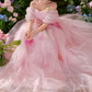 Glam Off-Shoulder Pink Prom Dress Handmade Flowers Tulle A-Line Evening Dress C9959