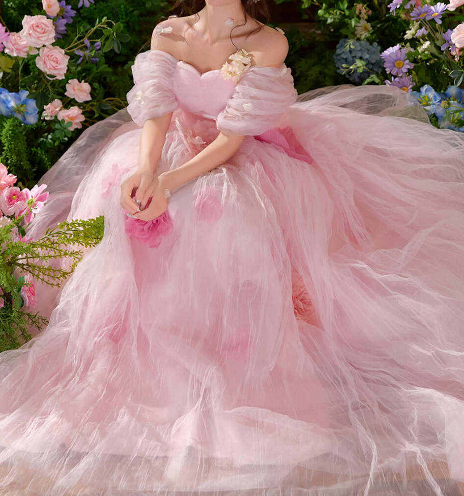 Glam Off-Shoulder Pink Prom Dress Handmade Flowers Tulle A-Line Evening Dress C9959