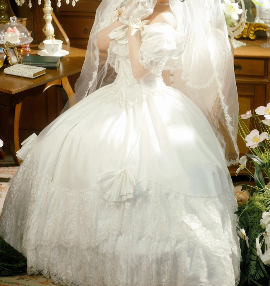 Classical Off-Shoulder Wedding Dresses Bows Short Sleeve Lace A-Line Bridal Dress C9961