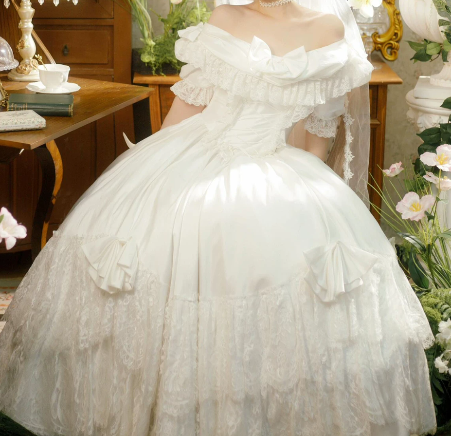Classical Off-Shoulder Wedding Dresses Bows Short Sleeve Lace A-Line Bridal Dress C9961