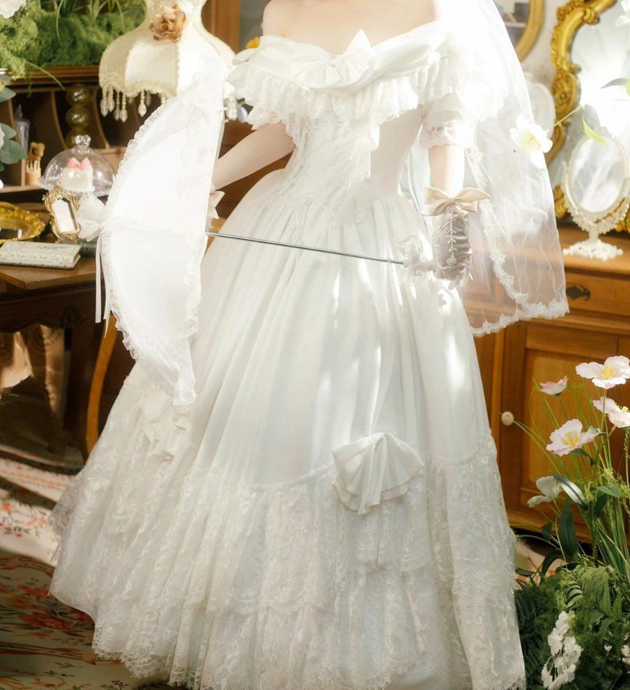 Classical Off-Shoulder Wedding Dresses Bows Short Sleeve Lace A-Line Bridal Dress C9961